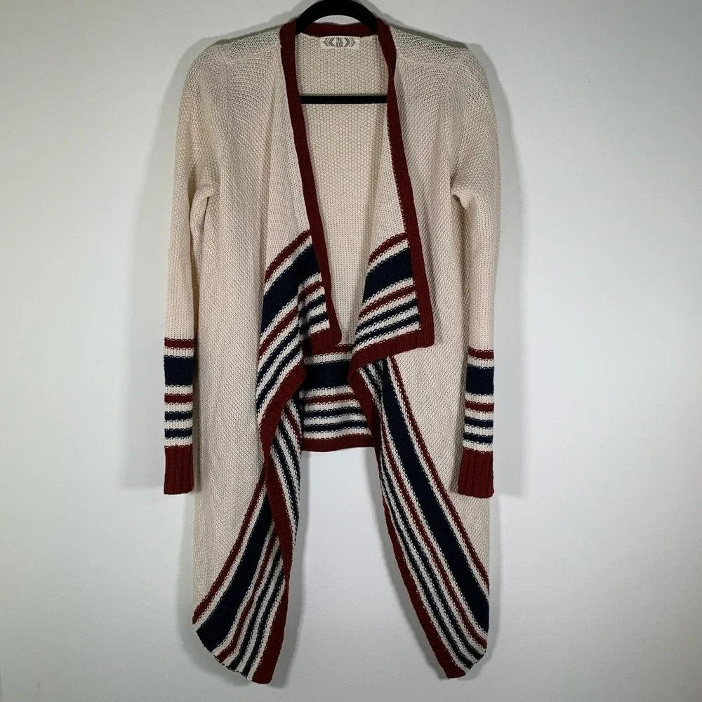 Pink Rose Cardigan Women’s Small Cream Striped Open Front Long Sweater